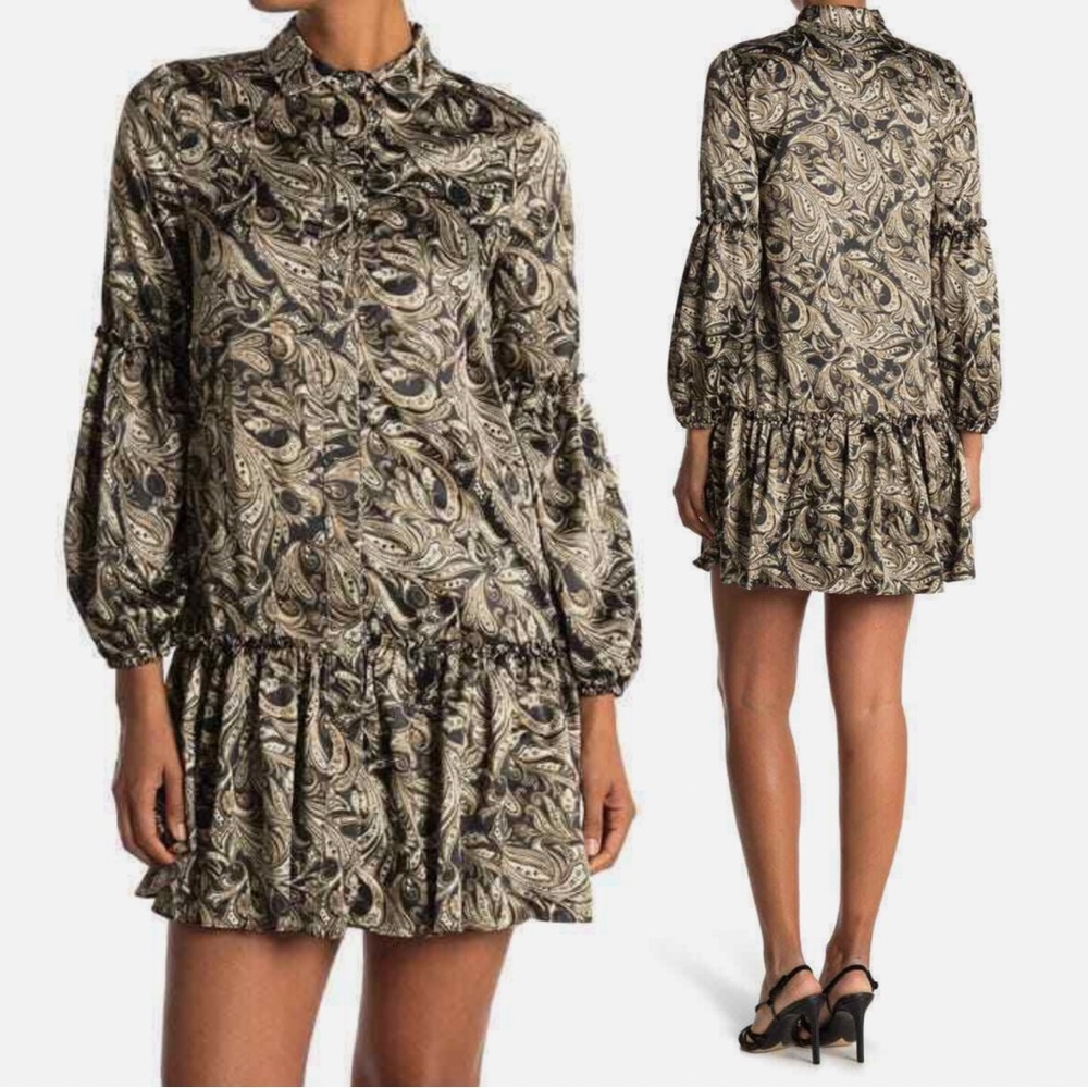 Satin Paisley Button Front Collared Long Sleeve Ruffle Hem Mini Dress Black L 14